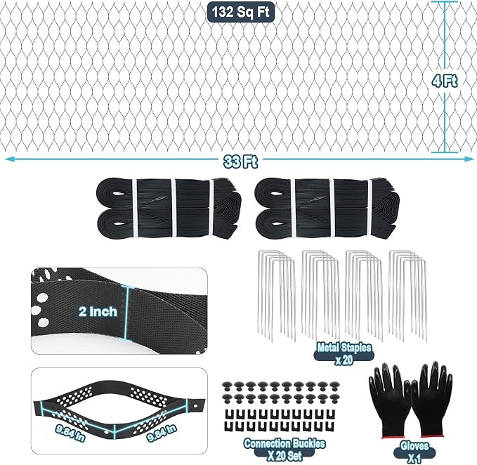 Gravel Grid 33ft X 4ft, 2'' Depth Gravel Stabilizer Grid for Pavers Base, Geogrid 1900 Lbs/Sq Ft Load with 40 Geocell Accessories & Gloves for Driveway Parking Ground Walkway Dirt Locker Slope