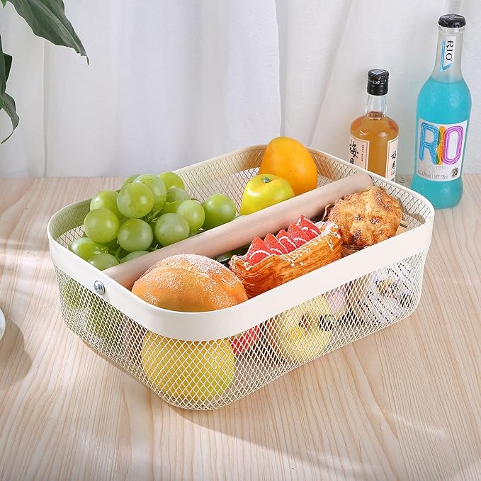 AJIODA Metal Mesh Steel Storage Basket, Garden Harvest Wire Organizer Basket Multi-functional Kitchen Fruit Basket with Wooden Removable Partition & Handle for Bath Picnic Decor Cabinet, Cream White