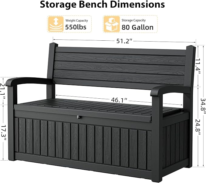 80 Gallon Lockable Deck Bench with Storage, Waterproof Outdoor Porch Bench, Resin Stripes Outdoor Storage Box for Cushions and Garden Tools