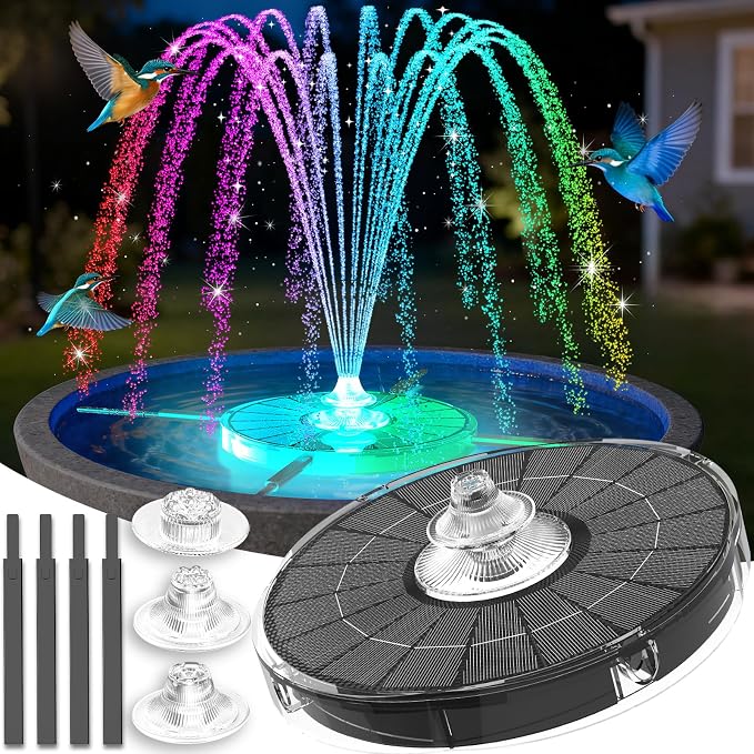 4000mAh Solar Fountain,2026 Solar Bird Bath Fountain Pump,3 Spray Solar Powered Water Fountain with lights,Floating Birdbath Fountain Kit,DIY Water Bird Bath Fountain for Outdoor,Garden-grey