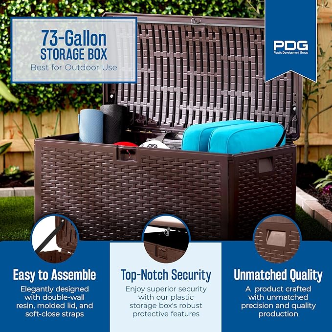 Plastic Development Group Outdoor Storage Deck Box, Standard Closure, 73 Gallon, Java