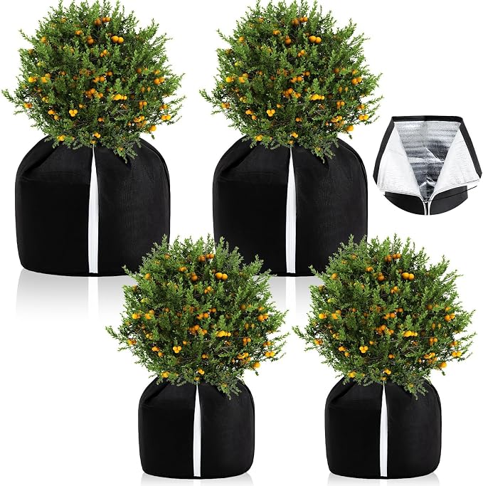 Windyun 4 Pack Plant Winter Protection Pot, 2 PCS 19.7" x 17.7" and 2 PCS 25.6" x 27.6" Flower Pot Protection Bags Cold Weather Plant Cover for Winter Outdoor Fruit Trees Potted(Black)