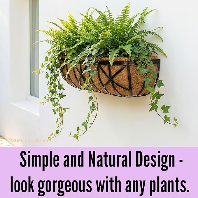 LaLaGreen Bundle- 2 Pack, 24 Inch Metal Planter with Coco Liner + 3 Pack, 11 Inch Self Watering Hanging Basket Plastic Flower Pot with Chain Outdoor Wall Mounted Balcony Fence Patio Porch Modern Decor