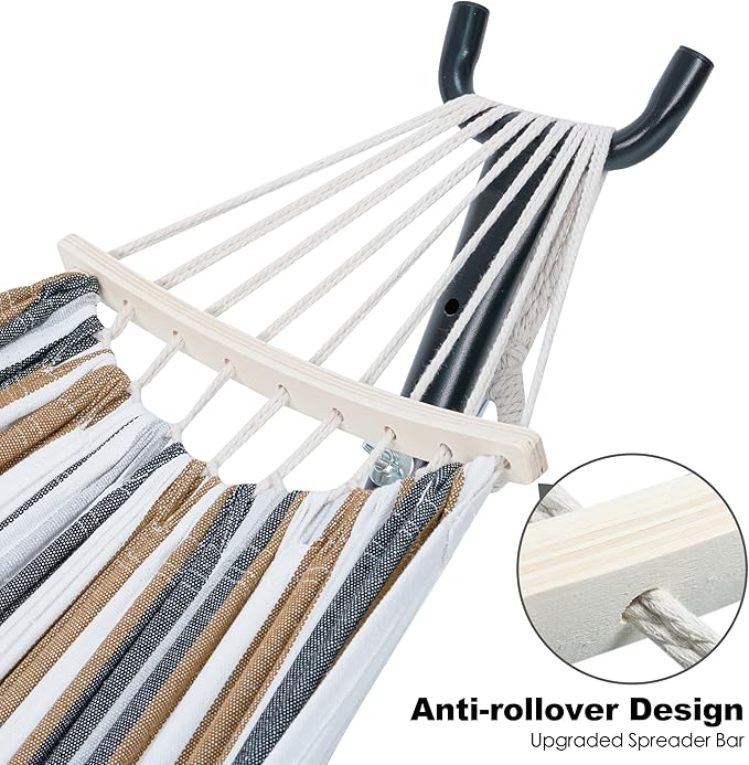 GAFETE Double Hammock with Stand for Outside, Upgraded Spreader Bar, Heavy Duty Space Saving Steel Stand 2 Person, Convenient Pockets, Easy Assembly, 600lbs Weight Capacity, Indoor & Outdoor (Coffee)