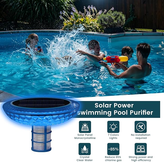 Pool Ionizer Solar with LED Light Plus,Copper Ionization,Floating Automatic Water Cleaner and Purifier,Up to 45,000 Gal,85% Less Chlorine,Chlorine Free Water