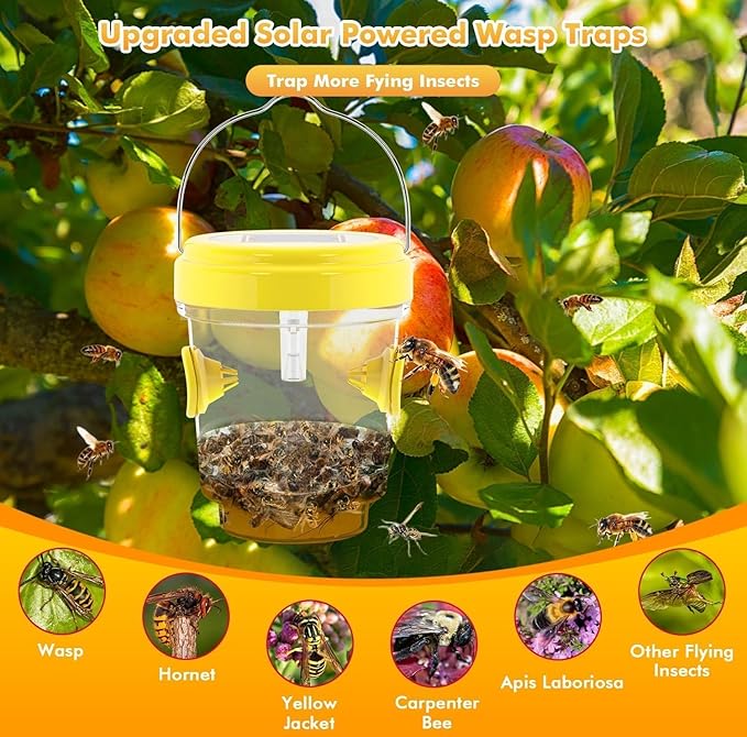 Wasp Traps Outdoor Hanging, Solar Bees, Hornets, Yellow Jacket Traps, Wasp Trap Catcher, Reusable Solar Powered Hanging for Outdoor, 4 Packs