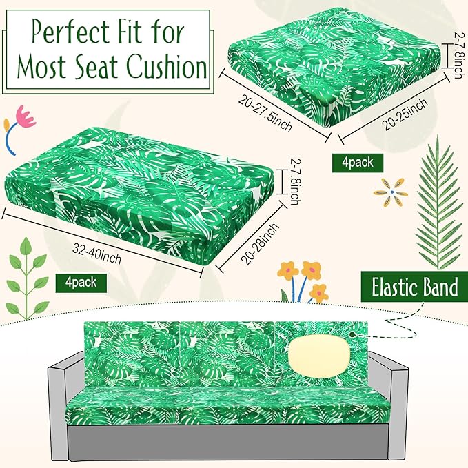 Spiareal 8 Pcs Waterproof Patio Stretch Sofa Cushion Cover, Outdoor Cushion Cover Replacement Include 4 Backrests and 4 Cushions, Sofa Seat Covers Furniture Protector(Monstera)