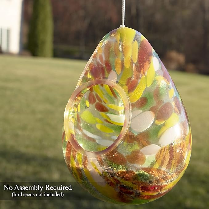 CLEVER GARDEN Glass Bird Feeder, Hanging Outdoor Decoration for Wild Birds, Yellow Teardrop