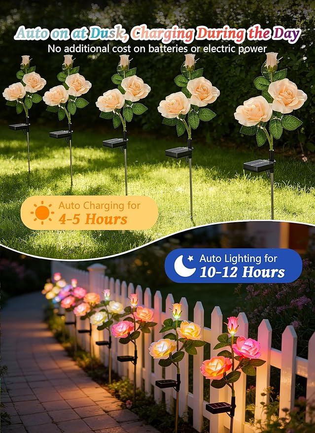 Brightown Outdoor Solar Flower Lights, 4 Pack 7-Color Changing Solar Garden Lights with Larger & More Realistic Rose, Bigger Solar Panel, Waterproof Solar Lights for Yard Garden Lawn Pathway Decor