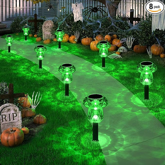 Solar Halloween Lights Outdoor 8 Pack Green Mushroom Pathway Decor | LED Waterproof Halloween Decorations for Garden Yard Driveway Garden Walkway Path Landscape Lawn Lighting