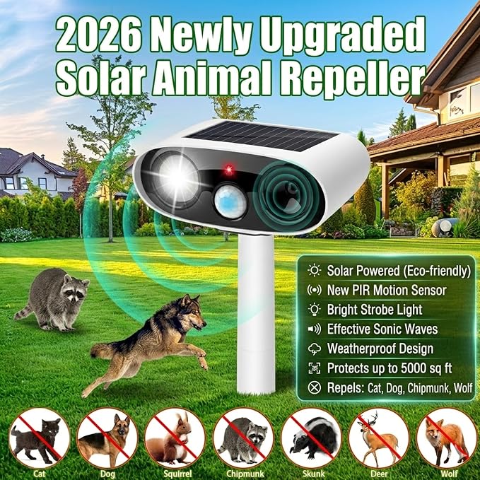 4Pack Solar Animal Repellent Outdoor,Ultrasonic Animal Deterrent with Flash Light,Waterproof Ultrasonic Deer Repeller&Cat Repellent Devices for Garden Yard,Control Rabbit Raccoon Dog Squirrel
