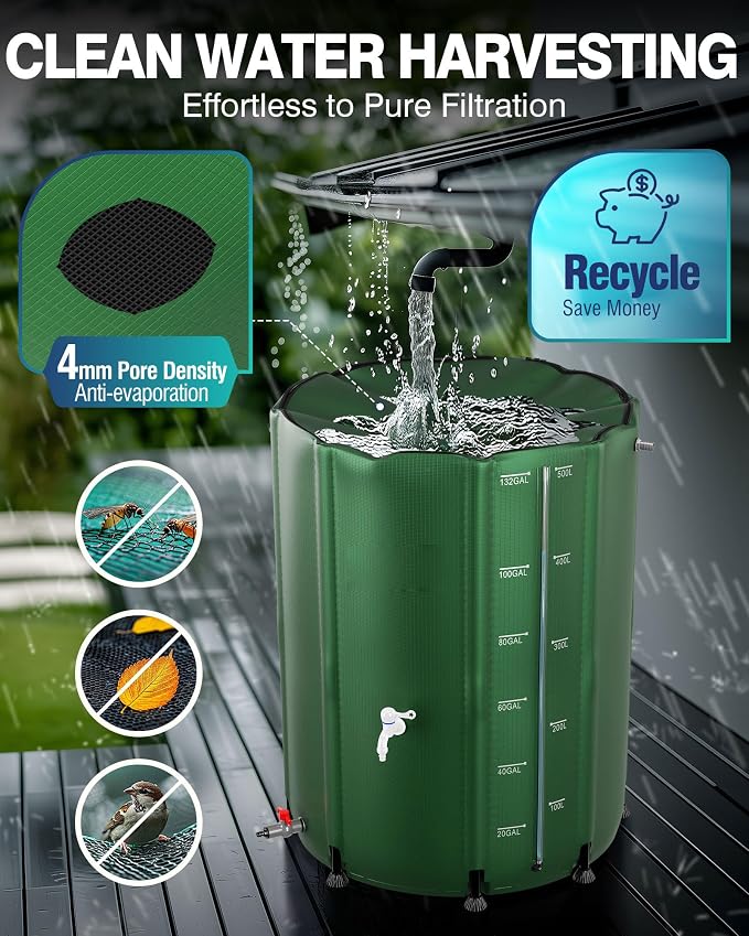 PYY Rain Water Collection Barrel 132 Gallon - Water Storage Tank with Spigots, Hose and Portable Bucket, Large Plastic Collapsible Rain Catcher Catchment System to Collect Rainwater from Gutter