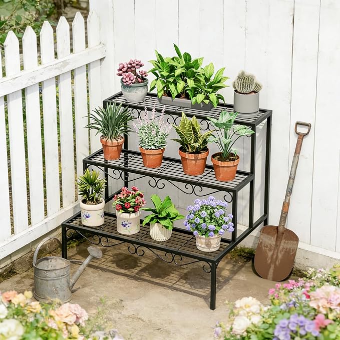 Plant Pot Stand Shelf, 3 Tier Flower Ladder Display Rack, Metal Succulent Plants Storage Holder for Outdoor and Indoor, Black