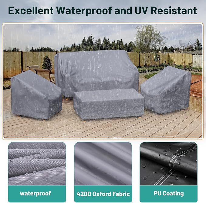 Mrrihand Patio Furniture Covers - 4 Piece Outdoor Furniture Set with Waterproof Sofa, Chair, Coffee Table Covers - Windproof Buckle Strap and Adjustable Drawstring - Grey