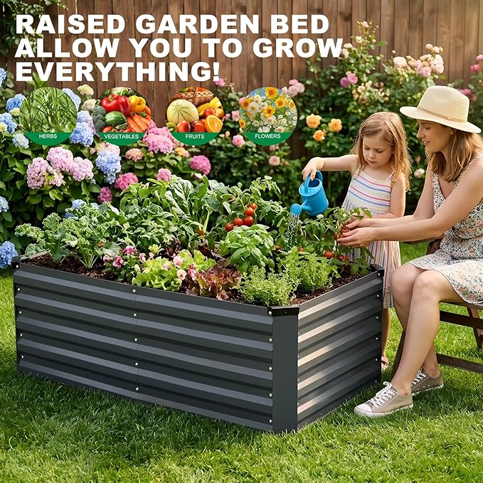 STBoo Galvanized Raised Garden Bed 6x3x2ft, Raised Beds for Gardening, Reinforced Support Bars & Safety Edges for Vegetables, Flowers, Herbs, Gray (Grey, 4x2x2FT)