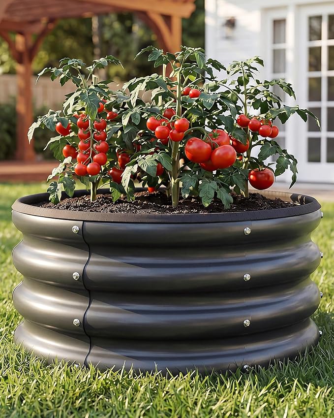 2 x 2 x 1 ft Round Raised Garden Bed, Black 2 Pack 0.6 mm Thick Galvanized Steel Planter Box with Double Layer Paint and Safety Edge Trim for Vegetables Flowers Herbs Outdoor Garden