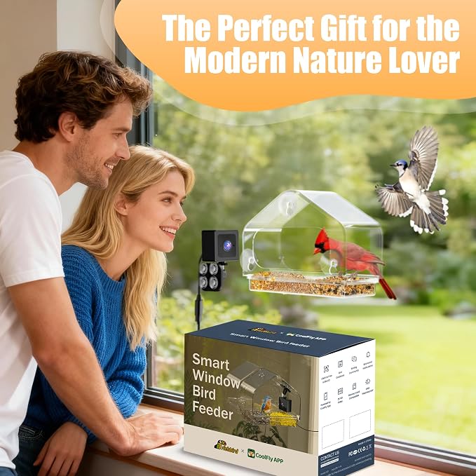 Smart Window Bird Feeder with 2K Camera & AI Identification, Strong Suction Cup Mount, All-Weather Design, Real-Time Alerts, Easy to Install, for Apartments & Homes, Perfect for Bird Lovers