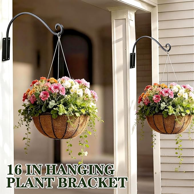 Heavy Duty 16 Inch Plant Hangers Bracket Outdoor, 60lbs Weight Capacity, Metal Wall Hooks for Hanging Plants, Bird Feeder, Wind Chime, Wall Decor, Plant Hanger Hooks for Hanging Flower Baskets
