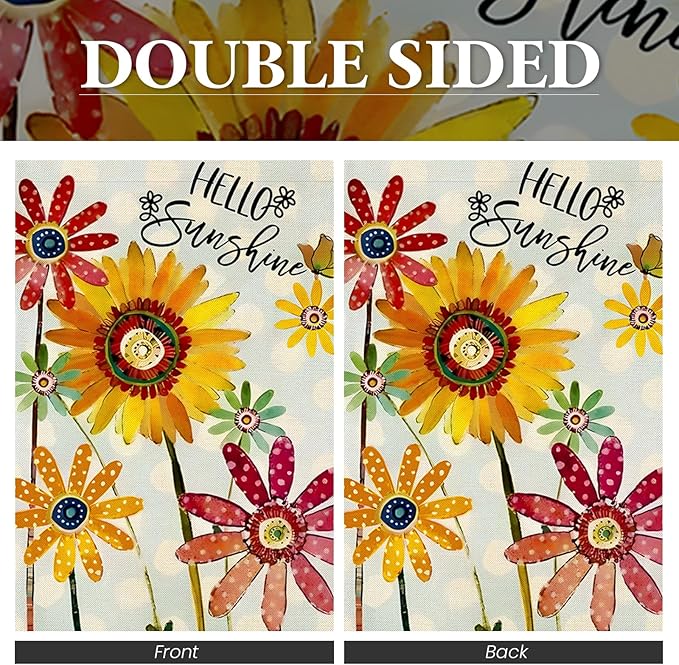 Summer Flowers Garden Flag 12x18 Inch Double Sided,Hello Sunshine Sunflower Daisy Small Yard Flags for Outdoor,Seasonal Decoration for Spring Farmhouse Holiday Outside