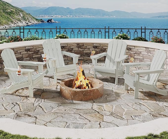 GarveeLife Folding Adirondack Chair Set of 4, All-Weather HDPE Outdoor Chair, Wooden Textured with Cup Holder for patios, Decks, Gardens, fire pits, White