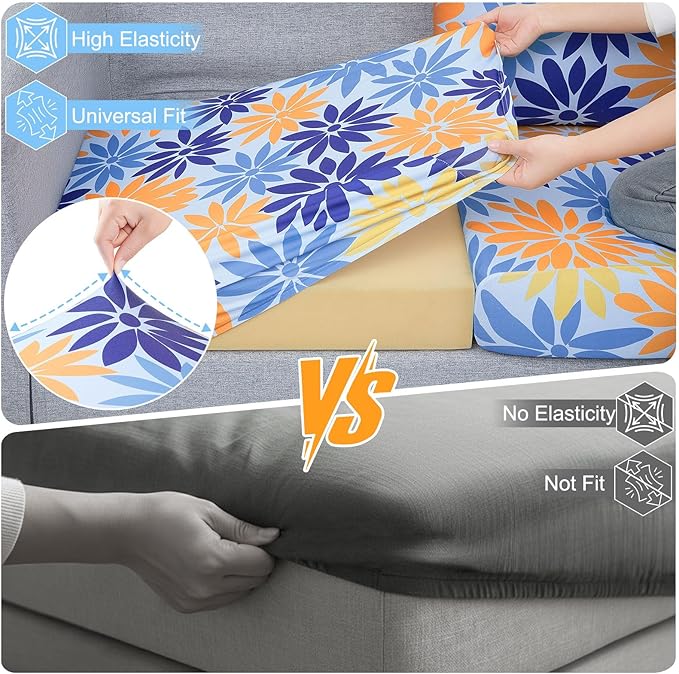 pickyNproud 8Pcs Patio Cushion Covers Stretch Outdoor Couch Cushions Slipcovers Replacement Washable Furniture Protector with Elastic Bottom Sofa Chair Seat Cover, Blue Yellow Floral