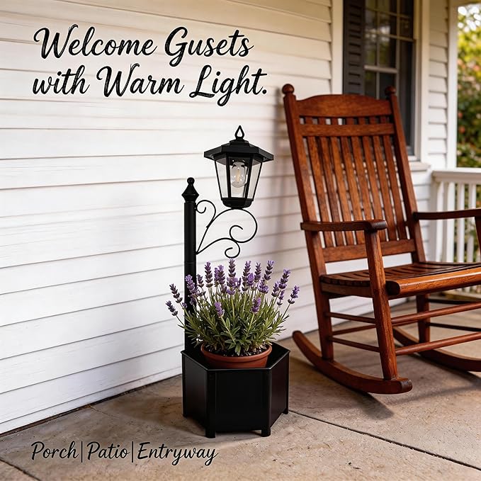 2 Pack Solar Floor Lamps with Planter (2-in-1 Design), 29.5" Outdoor LED Garden Lights - IP44 Waterproof, Warm White Auto-On at Dusk, Easy Install for Lawn, Patio, Porch, Yard & Pathway Decor