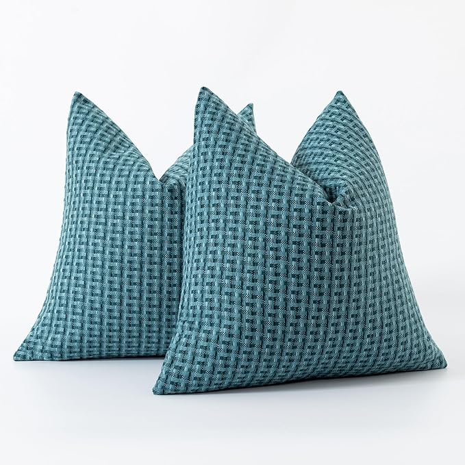 Kevin Textile Outdoor Waterproof Throw Pillow Covers Pack of 2 Weaving Texture Water Resistant Outside Decorative Cushion Covers for Garden Patio Tent Balcony Bench Couch Sofa 16x16 Inch, Teal