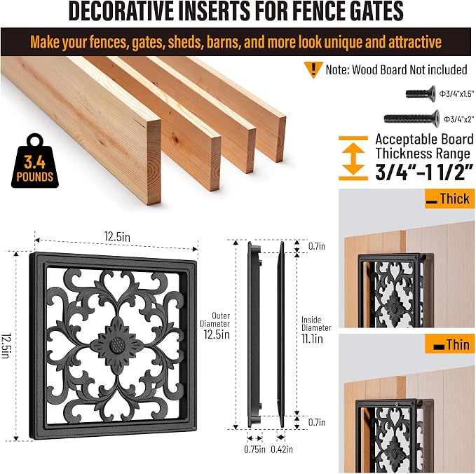 Decorative Inserts for Fence Gates, Aluminum Alloy Ornamental Panels Outdoor Home Garden Decor, Square, 12.4"x12.4"