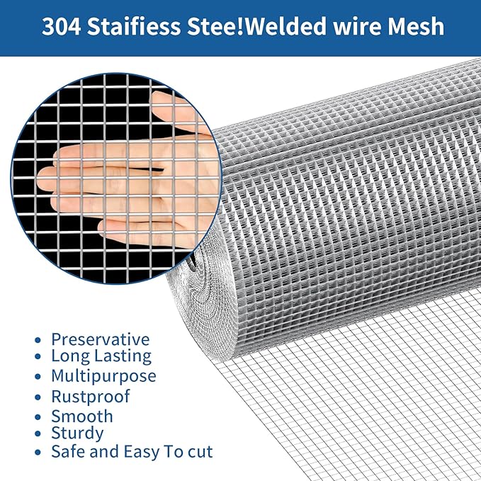 Stainless Steel Welded Wire Mesh, 1/2 inch Hardware Cloth, Chicken Wire Fence Mesh Cage Poultry Garden Plant Support Containment Fence(24in×50ft)
