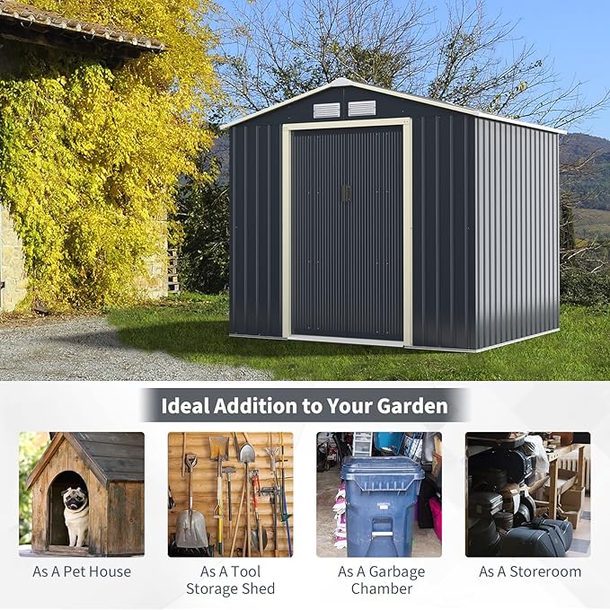 Goplus Storage Shed, Metal 7' X 6' Outdoor Building Organizer with 4 Vents & Double Sliding Door for Garden Backyard Farm (7'X6')