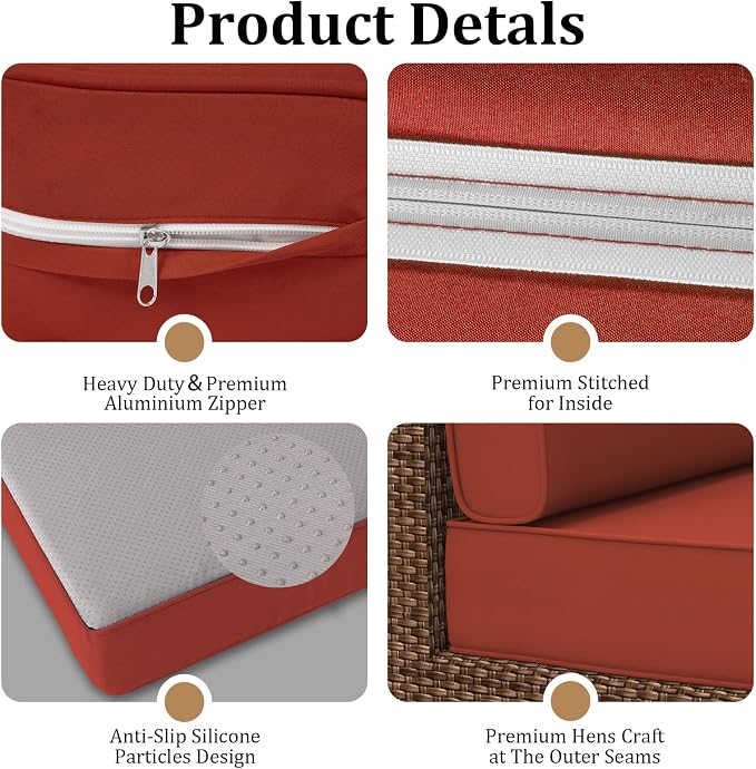 14 Piece Outdoor Furniture Replacement Cushions, Cover+Filling, 25.6" x 25.6" x 4" Foam Waterproof Outdoor Sofa Cushion Sets, Fit Wicker Rattan Sectional Conversation Set,Brick Red