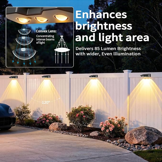 Solar Fence Lights Outdoor 2 Pack, Solar Lights Outdoor Waterproof Dusk to Dawn Deck Light, Brighter LED Lens Outdoor Lighting for Stairs, Step, Fence, Yard, Patio, and Pathway