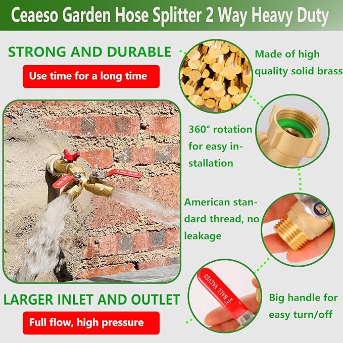 Ceaeso Brass Garden Hose Splitter 2 Way Heavy Duty, Y Valve Hose Splitter With Stainless Steel Long Handle, 3/4" GHT Thread Y Valve Water Garden Hose Tap Adapter