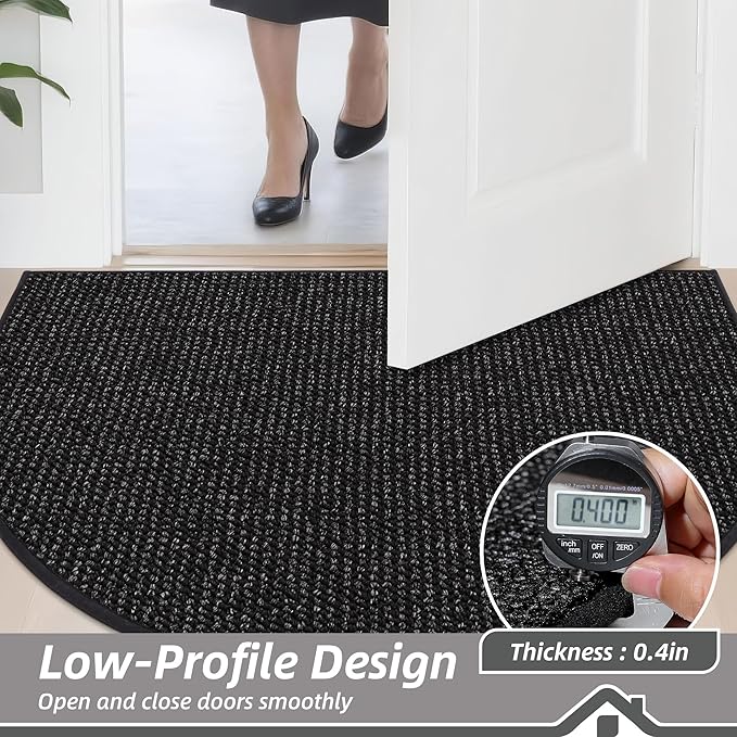 BEQHAUSE Dirt Trapper Door Mat 17" x 30" Half Circle Non Slip Washable Doormats Entrance Rugs Absorbent Welcome Low Profile Floor Mats for Front Back Door and Entryway, Black