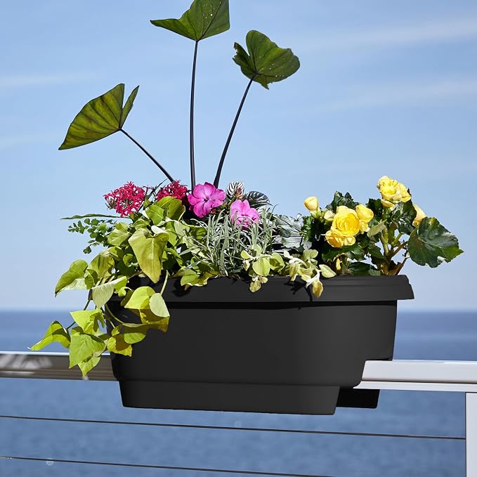 Bloem 24" Plastic Deck Rail Planter, 9" H x 24" L x 12" W, Fits Rail Sizes Between 4.75 to 5.75" Wide, Black, 2-Pack