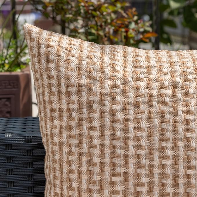 Kevin Textile Outdoor Waterproof Throw Pillow Covers Pack of 2 Boho Farmhouse Decorative Euro Sham Cushion Covers for Garden Patio Tent Balcony Bench Couch Sofa 26x26 Inch, Light Brown