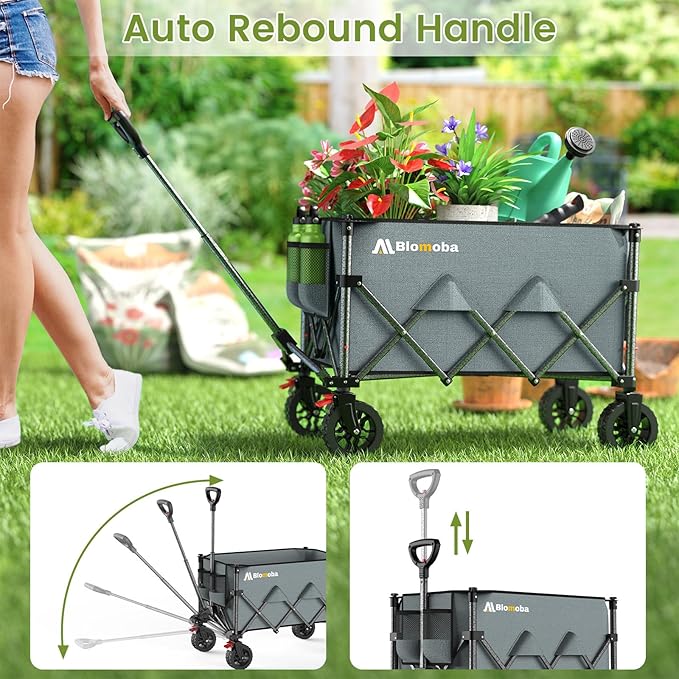 Blomoba Collapsible Wagon Cart, 150L Heavy Duty Foldable Beach Wagon with Wider Wheels & Auto-Rebound Handle, Utility Grocery Shopping Cart for Garden, Shopping, Camping, Sports, Gray