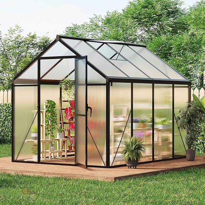 8×6 FT Outdoor Aluminum Polycarbonate Greenhouse, Easy Assembly Walk-in Greenhouse with Roof Vent & Lockable Hinged Door, Large Heavy Duty Greenhouse for Patio, Backyard, Garden, Sunroom, Black