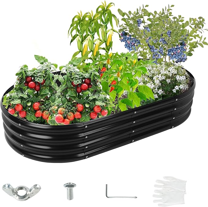 YSEJOMP 5X2.7X1 FT Oval Galvanized Metal Garden Raised Bed/Plant Box for Planting,32 Inches Diameter Iron Fire Pit Ring,Small Animal Fence-3 in 1 Modular Design in Black (Black, 60X32X11.5 Inches)