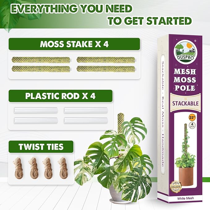 DUSPRO 4 Pack 22" White Stackable Mesh Moss Pole for Plants – Extendable Up to 71", Natural Forest Moss Pole Monstera Plant Support, Moss Stick for Climbing Plants, Indoor Plant Stakes Accessories