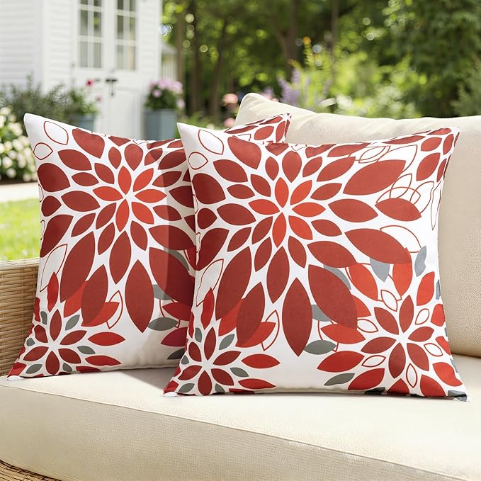 Floral Outdoor Pillow Covers Waterproof Spring Throw Pillow Cases Red Gray 18x18 Inch Set of 2 Decorative Summer Cushion Covers for Patio Furniture Garden Bench Porch Sofa