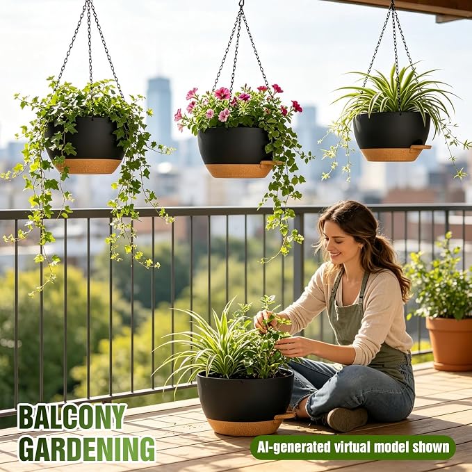 12 Inch Self Watering Hanging Planters, 2 Pack Plastic Plant Pots | Sturdy lightweight pot with side watering lip, drainage holes, snap-on detachable tray & hanging chain for easy care
