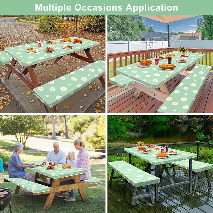 Play Tailor Picnic Table Cover with Bench Covers Camping Essentials Waterproof Windproof Camping Tablecloth with Drawstring Bag, Fitted Rectangle Tables and Seats, 72in, Green White