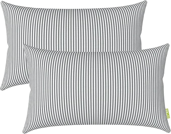 LVTXIII 12×20 Inch Outdoor Lumbar Pillows, Pack of 2 Water Repellent Lumbar Pillow with Inserts, Fluffy Decorative Garden Lumbar Cushions for Home Patio Coach Sofa Use, Topanga Stripe Grey