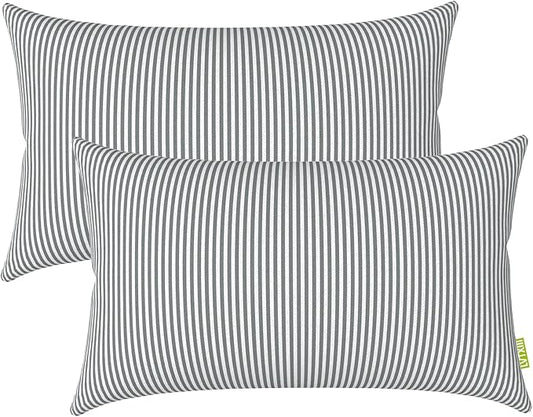 LVTXIII 12×20 Inch Outdoor Lumbar Pillows, Pack of 2 Water Repellent Lumbar Pillow with Inserts, Fluffy Decorative Garden Lumbar Cushions for Home Patio Coach Sofa Use, Topanga Stripe Grey