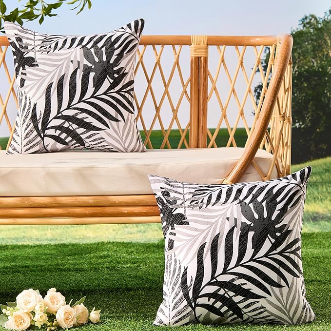 Allorry Outdoor Pillow Covers 20x20 Set of 2 Hawaii Tropics Palm Leaves Black Grey Floral Pattern Decoration Pillow Covers for Spring Summer Outdoor Waterproof Garden Patio Sofa Bed Decor JB010-C20