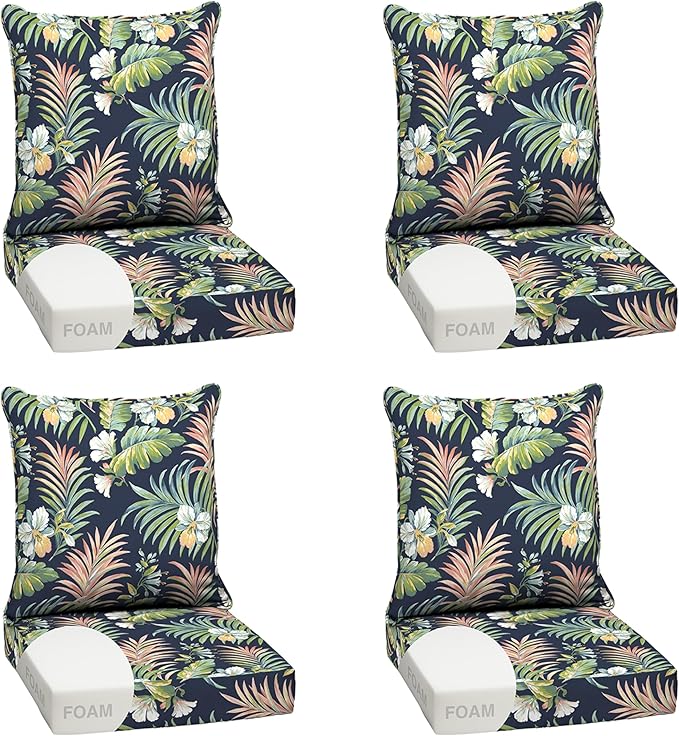 Arden Outdoor Foam Deep Seat Cushion Set (4-Pack), 24x24, Premium High-Density Foam, Never Flattens, Weather-Proof for Patio Chair Sofa Couch, Simone Blue Tropical