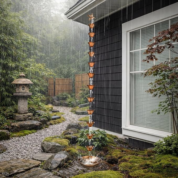 MorningRo Brass 8.5ft Rain Chains for Gutters Outside with Anchor Basin 12 Cups Rain Chain Catcher Downspout Replacement Adjustable Metal Garden Rainwater Divert for Eaves Drainage (Hummingbird)