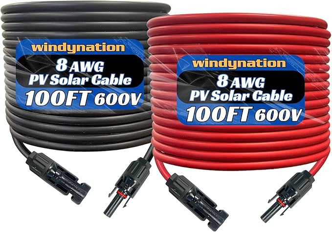 WindyNation 8 AWG 8 Gauge Pair 100 Feet Black + 100 Feet Red PV Photovoltaic Solar Panel Extension Cable Wire Solar Connector
