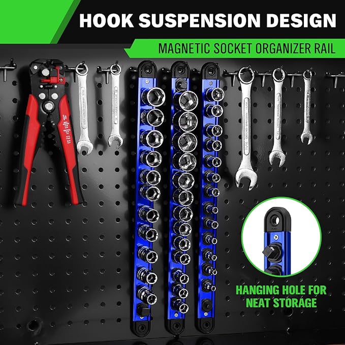 3/8-Inch Magnetic Socket Organizer Rail, Aluminum Alloy Socket Rail, Heavy Duty Sockets Holder with 14 Clips, 360° Swivel Clip Tool Tray, Sockets Organizer for Tool Box Drawer (Blue)